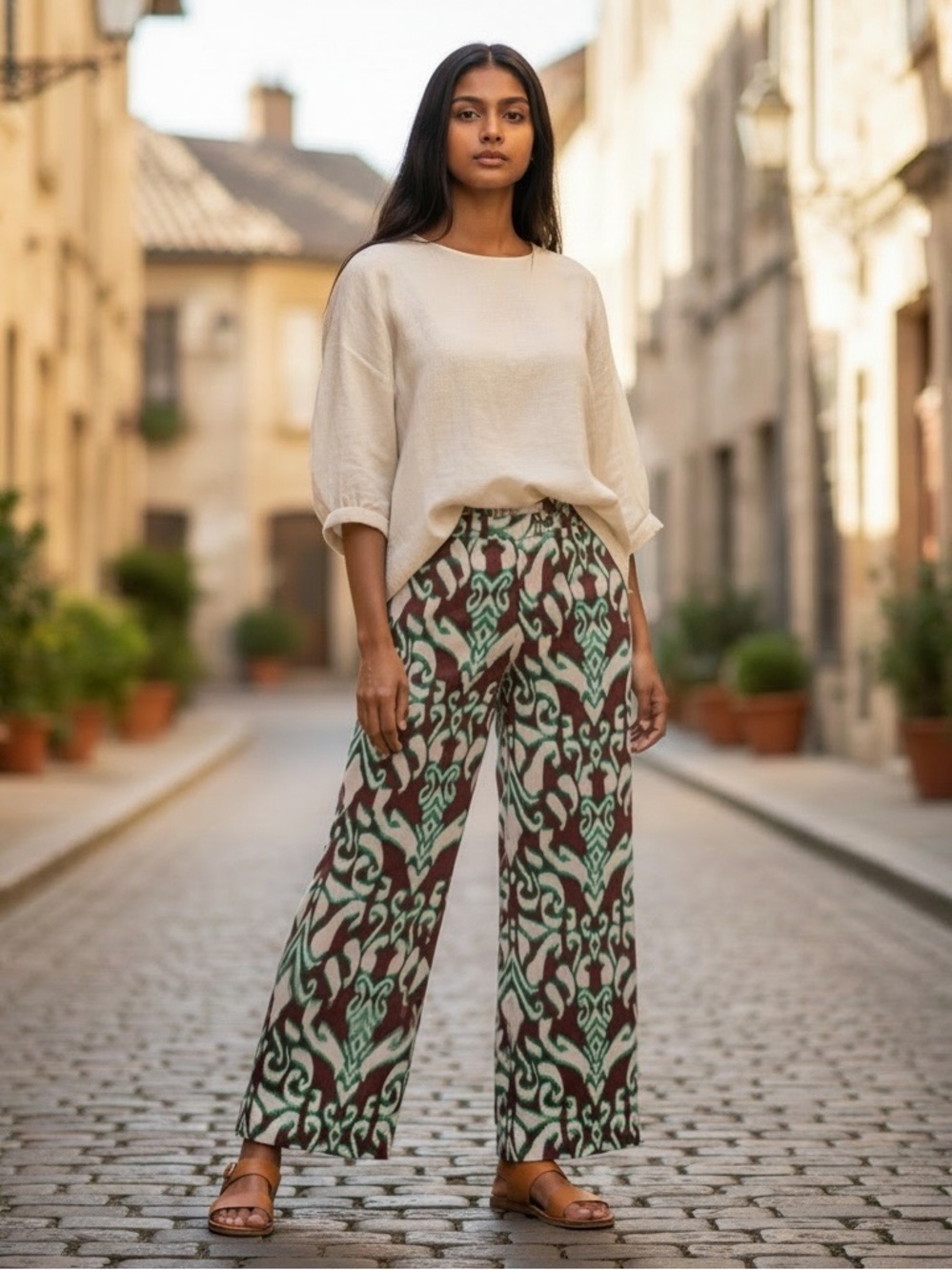Zara Pants Women's Sz M Green Brown Wide Leg Festival Cotton Boho Hippie NEW‎